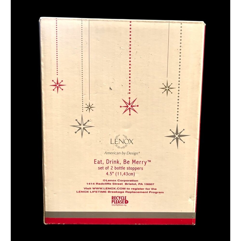 Lenox Eat Drink Be Merry Set Of 2 Bottle Stoppers 4.5" Red & Silver Xmas Decor - Picture 3 of 4